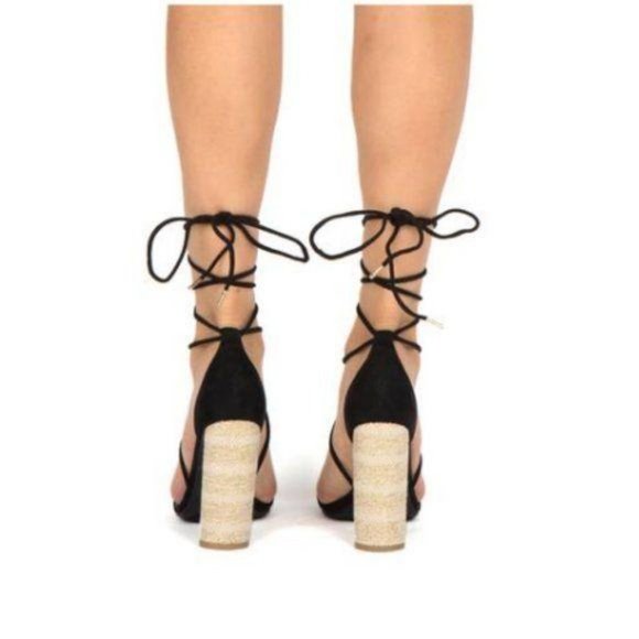 Black Suede & Canvas Lace Up Heels - Picture 2 of 4